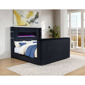 English Elm Judah Wingback Eastern King Bed Corduroy Upholstered with Motorized TV Lift Fireplace B062S02339