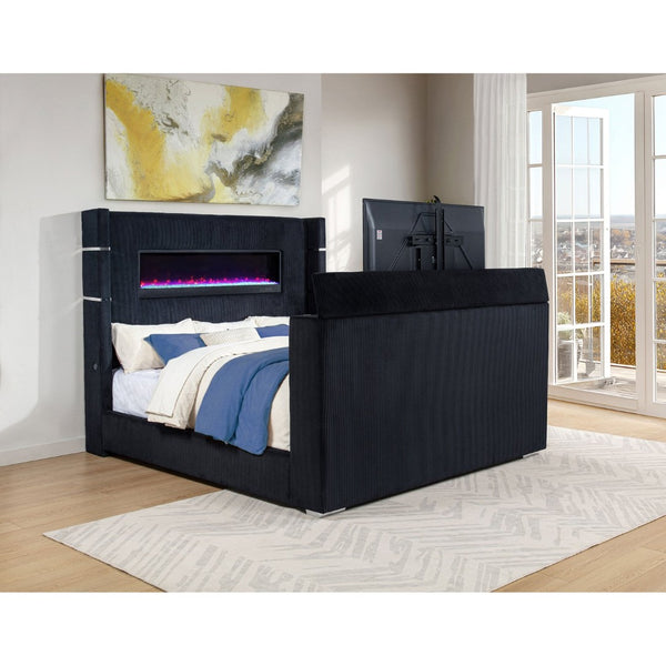 English Elm Judah Wingback Eastern King Bed Corduroy Upholstered with Motorized TV Lift Fireplace B062S02339