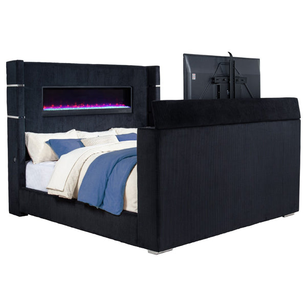 English Elm Judah Wingback Eastern King Bed Corduroy Upholstered with Motorized TV Lift Fireplace B062S02339