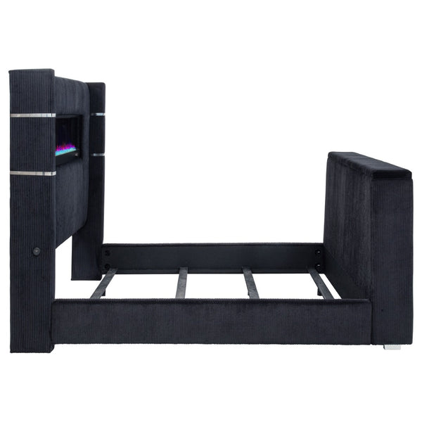 English Elm Judah Wingback Eastern King Bed Corduroy Upholstered with Motorized TV Lift Fireplace B062S02339