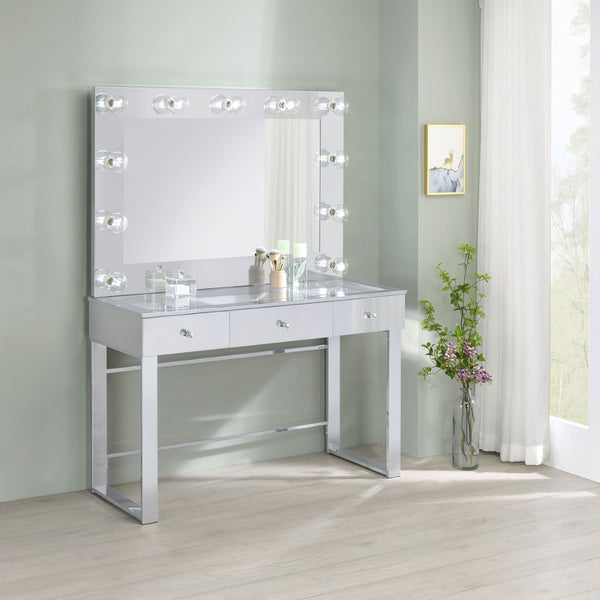 English Elm Trevor Glam Chrome Vanity with Led Mirror Three Drawers Glass Top Bedroom Dressing B062S02343