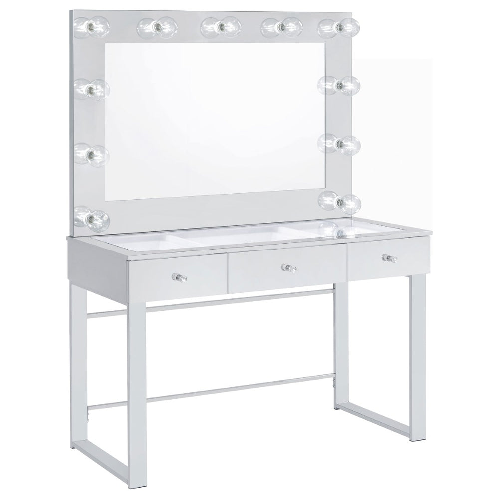 English Elm Trevor Glam Chrome Vanity with Led Mirror Three Drawers Glass Top Bedroom Dressing B062S02343