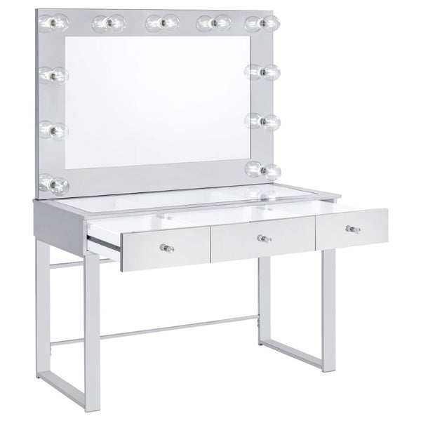 English Elm Trevor Glam Chrome Vanity with Led Mirror Three Drawers Glass Top Bedroom Dressing B062S02343