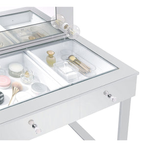English Elm Trevor Glam Chrome Vanity with Led Mirror Three Drawers Glass Top Bedroom Dressing B062S02343