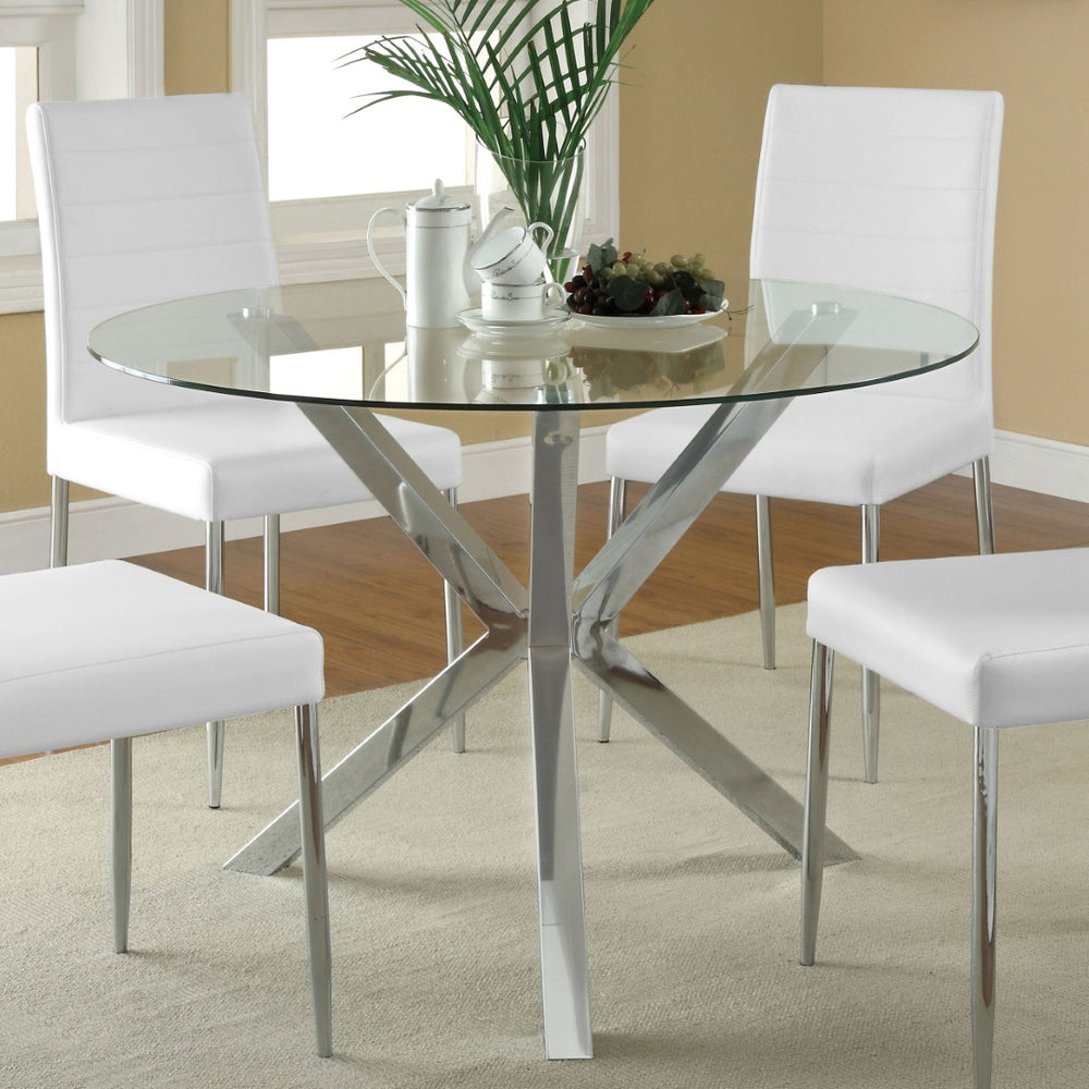 English Elm Isolde Round Glass Top Dining Table with Sculptural Chrome Base Seats Four B062S02344