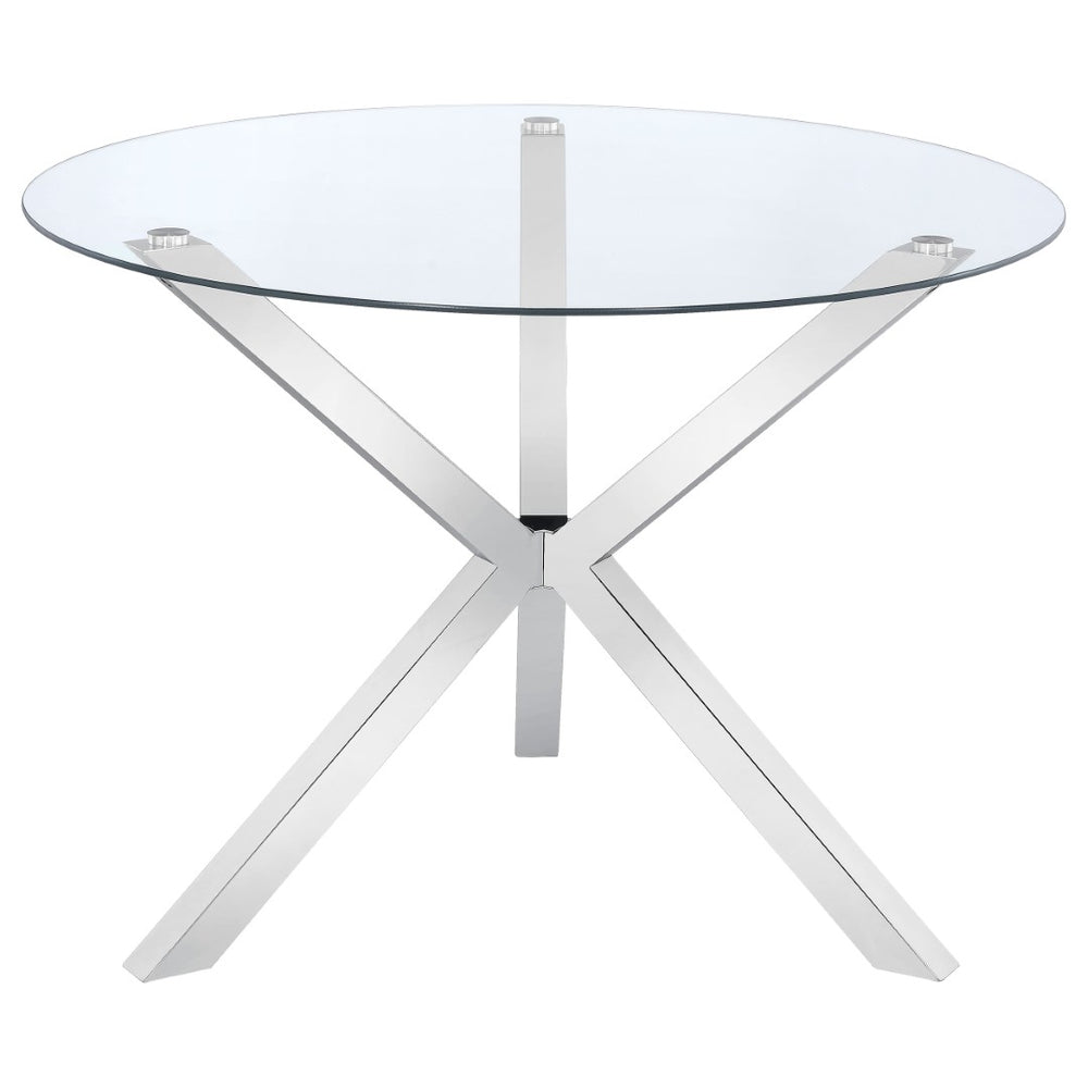 English Elm Isolde Round Glass Top Dining Table with Sculptural Chrome Base Seats Four B062S02344