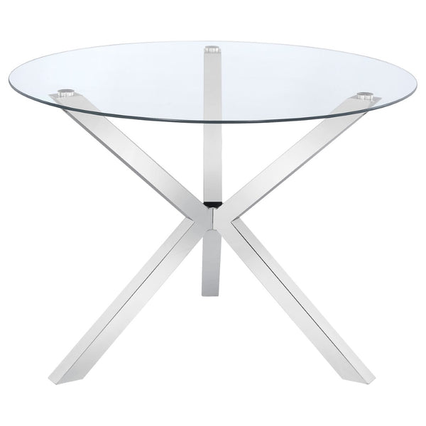 English Elm Isolde Round Glass Top Dining Table with Sculptural Chrome Base Seats Four B062S02344