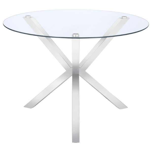 English Elm Isolde Round Glass Top Dining Table with Sculptural Chrome Base Seats Four B062S02344