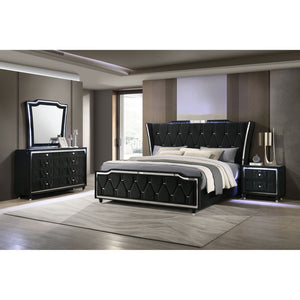 English Elm Black Velvet Queen Bedroom Set with LED Lighting Tufted Wingback Bed and Eight Drawer Dresser B062S02347