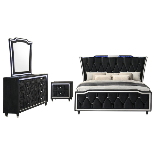 English Elm Black Velvet Queen Bedroom Set with LED Lighting Tufted Wingback Bed and Eight Drawer Dresser B062S02347