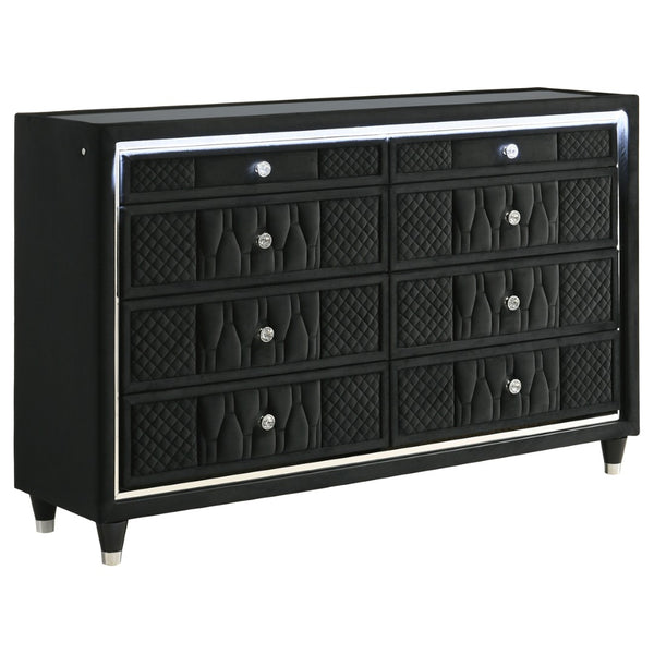 English Elm Black Velvet Queen Bedroom Set with LED Lighting Tufted Wingback Bed and Eight Drawer Dresser B062S02347