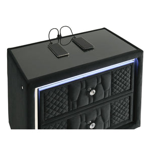 English Elm Black Velvet Queen Bedroom Set with LED Headboard Crystal Knobs Glam Quilted Design B062S02348