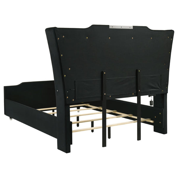 English Elm Black Velvet Queen Bedroom Set with LED Headboard Crystal Knobs Glam Quilted Design B062S02348