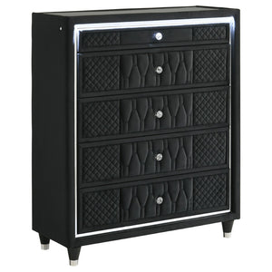 English Elm Black Velvet Queen Bedroom Set with LED Headboard Crystal Knobs Glam Quilted Design B062S02348