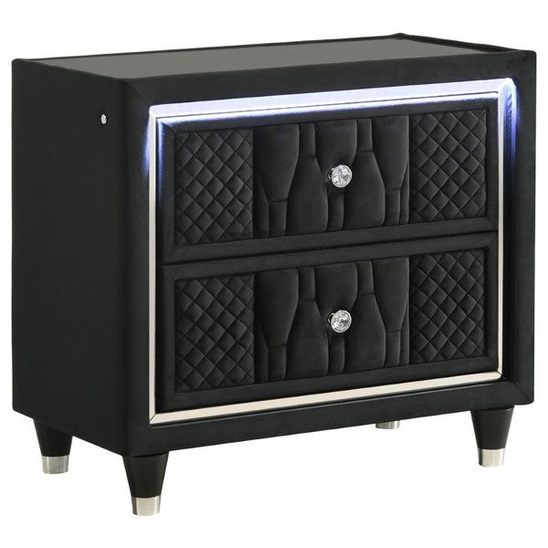 English Elm Black Velvet Queen Bedroom Set with LED Headboard Crystal Knobs Glam Quilted Design B062S02348