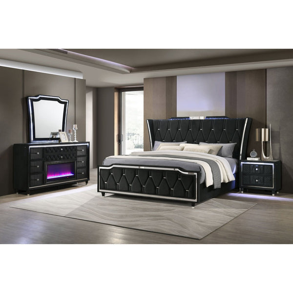 English Elm Black Velvet Wingback Queen Bedroom Set with LED Lighting and Fireplace Dresser B062S02349