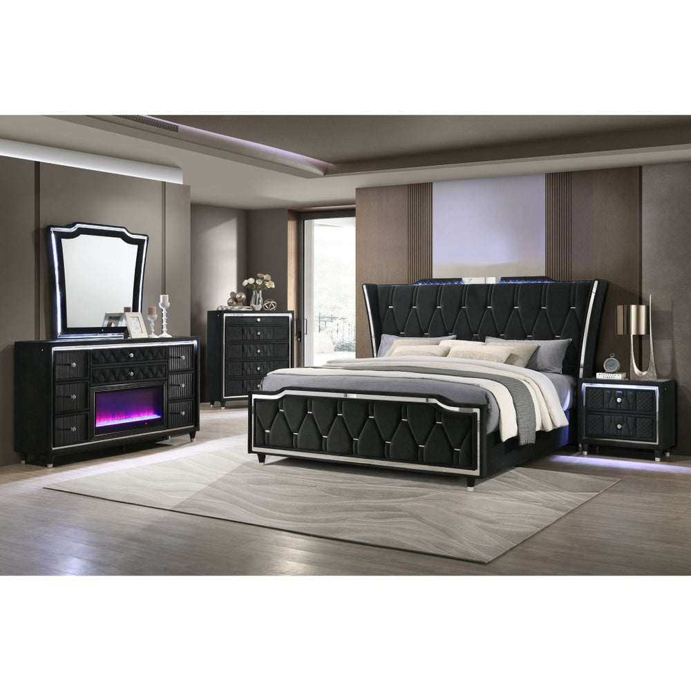 English Elm Black Velvet Queen Bedroom Set with LED Headboard and Fireplace Dresser Included B062S02350
