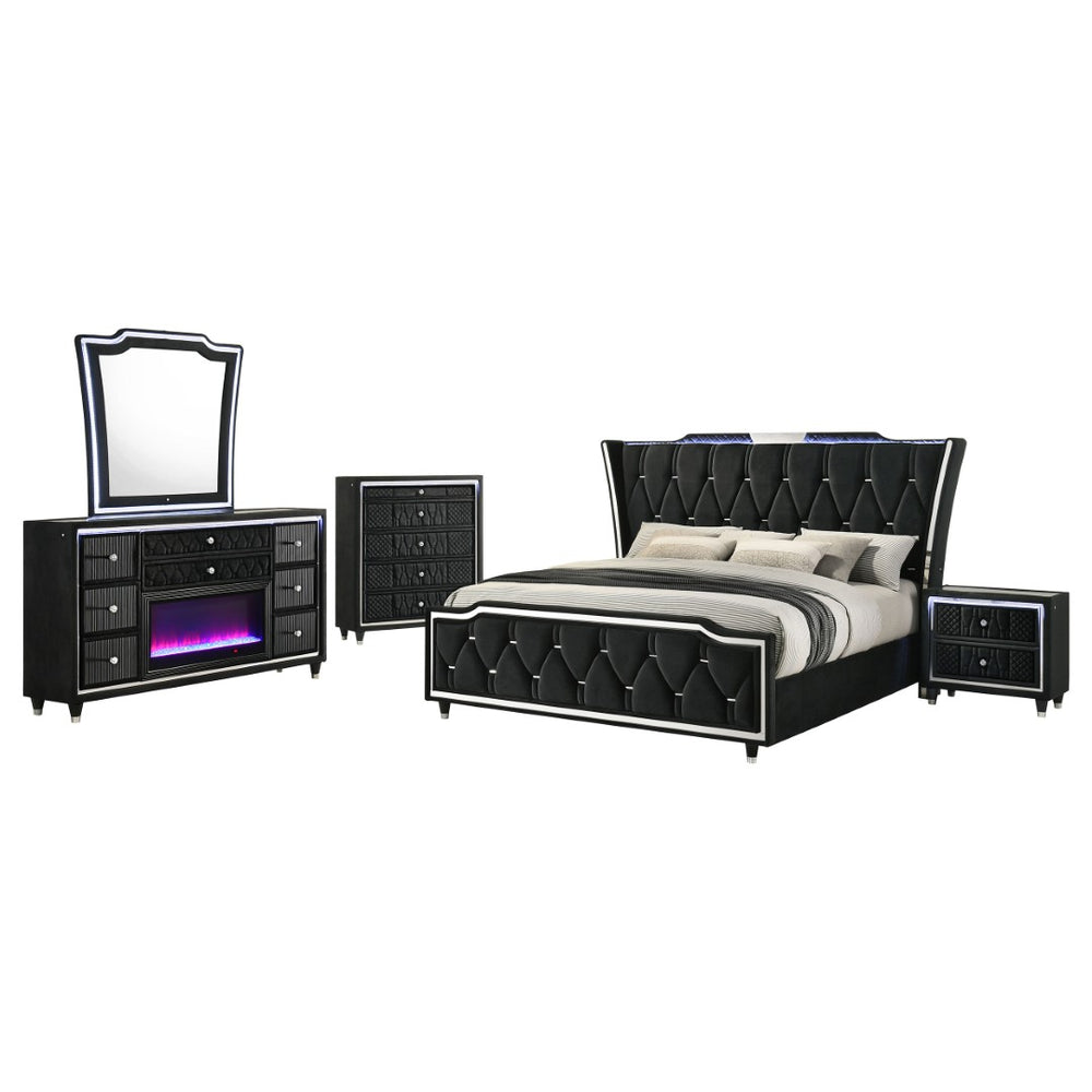 English Elm Black Velvet Queen Bedroom Set with LED Headboard and Fireplace Dresser Included B062S02350