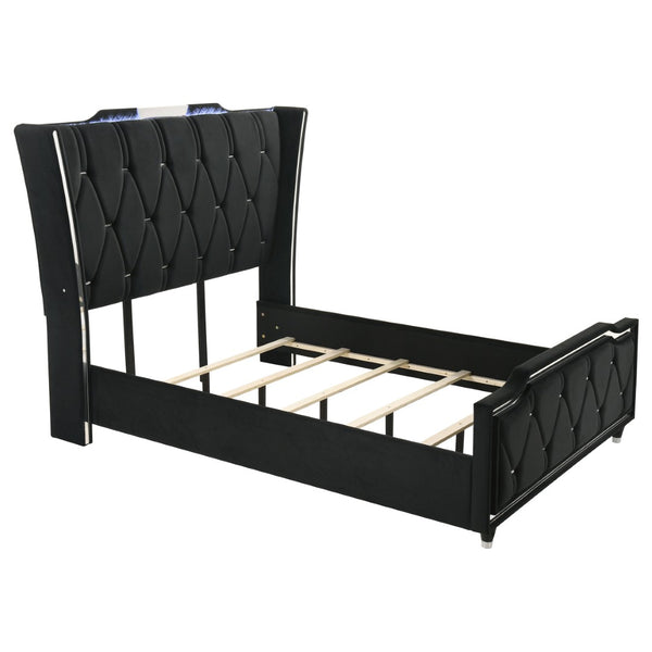 English Elm Black Velvet Queen Bedroom Set with LED Headboard and Fireplace Dresser Included B062S02350