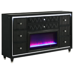 English Elm Black Velvet Queen Bedroom Set with LED Headboard and Fireplace Dresser Included B062S02350