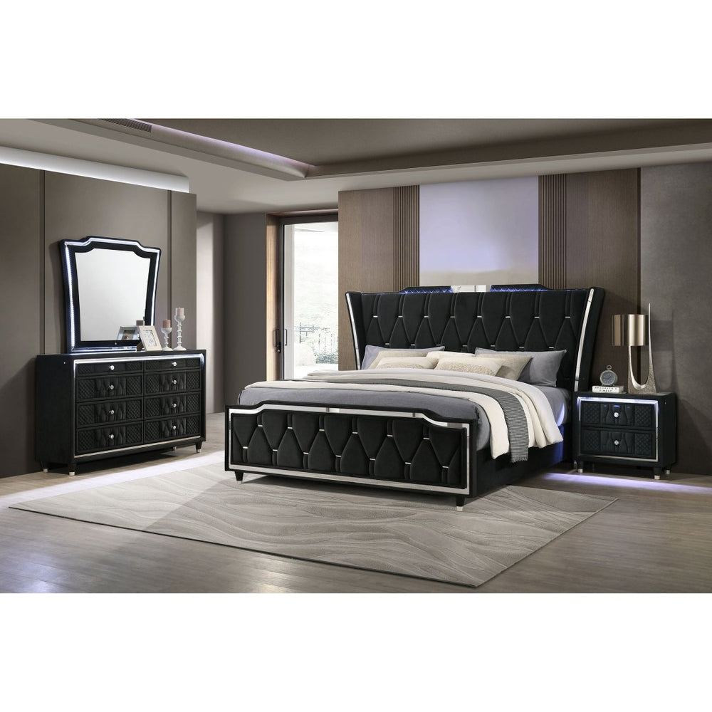 English Elm Black Velvet Eastern King Bedroom Set with LED Wingback Bed and Eight Drawer Dresser B062S02351