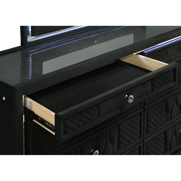 English Elm Black Velvet Eastern King Bedroom Set with LED Wingback Bed and Eight Drawer Dresser B062S02351