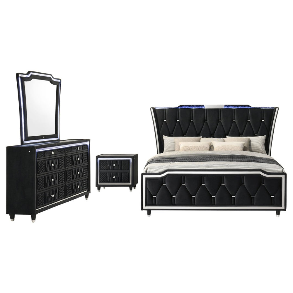 English Elm Black Velvet Eastern King Bedroom Set with LED Wingback Bed and Eight Drawer Dresser B062S02351