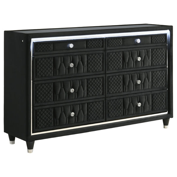 English Elm Black Velvet Eastern King Bedroom Set with LED Wingback Bed and Eight Drawer Dresser B062S02351