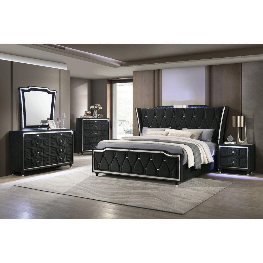 English Elm Black Velvet Wingback King Bedroom Set with LED Lighting and Quilted Glam Panels B062S02352