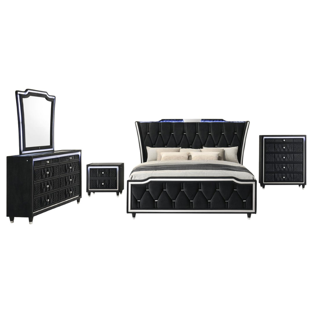 English Elm Black Velvet Wingback King Bedroom Set with LED Lighting and Quilted Glam Panels B062S02352