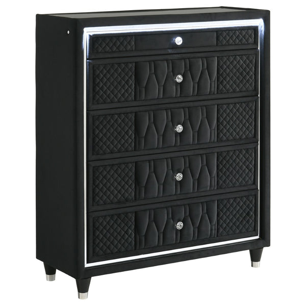 English Elm Black Velvet Wingback King Bedroom Set with LED Lighting and Quilted Glam Panels B062S02352
