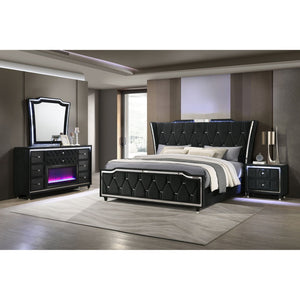 English Elm Black Velvet Wingback Eastern King Bedroom Set with LED Lighting and Fireplace Dresser B062S02353
