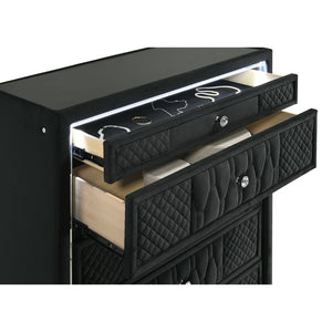 English Elm Black Velvet Quilted Wingback King Bedroom Set with LED Crown Accent Fireplace B062S02354