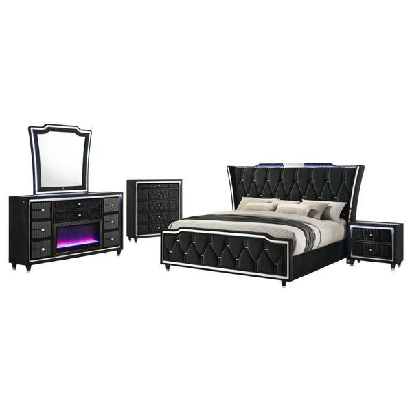 English Elm Black Velvet Quilted Wingback King Bedroom Set with LED Crown Accent Fireplace B062S02354