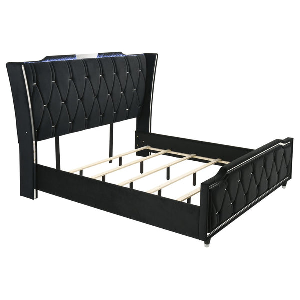 English Elm Black Velvet Quilted Wingback King Bedroom Set with LED Crown Accent Fireplace B062S02354
