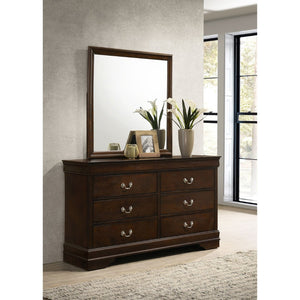 English Elm Cappuccino Six Drawer Dresser and Mirror Set with Wood Grain Detail for Bedroom B062S02358