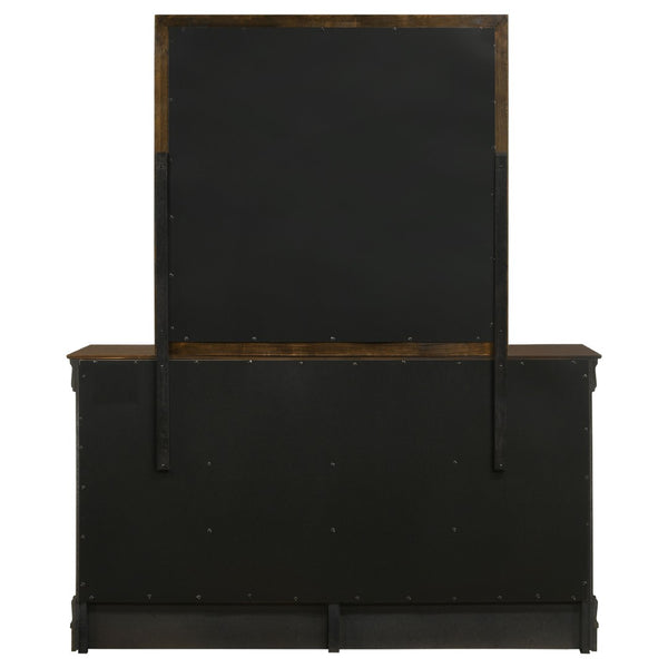 English Elm Cappuccino Six Drawer Dresser and Mirror Set with Wood Grain Detail for Bedroom B062S02358