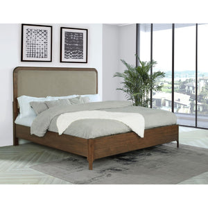 English Elm Walnut Veneer Eastern King Bed Taupe Upholstered Headboard Low Profile Frame B062S02360