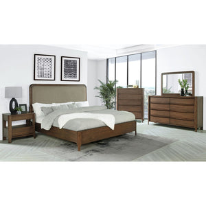 English Elm Walnut Veneer Eastern King Bed Taupe Upholstered Headboard Low Profile Frame B062S02360
