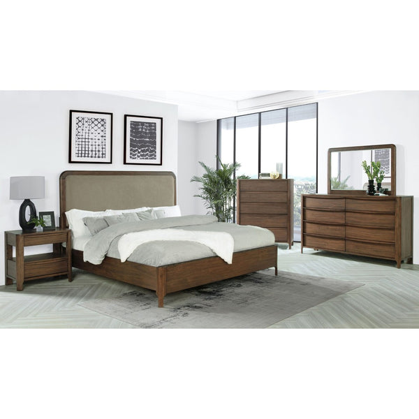 English Elm Walnut Veneer Eastern King Bed Taupe Upholstered Headboard Low Profile Frame B062S02360