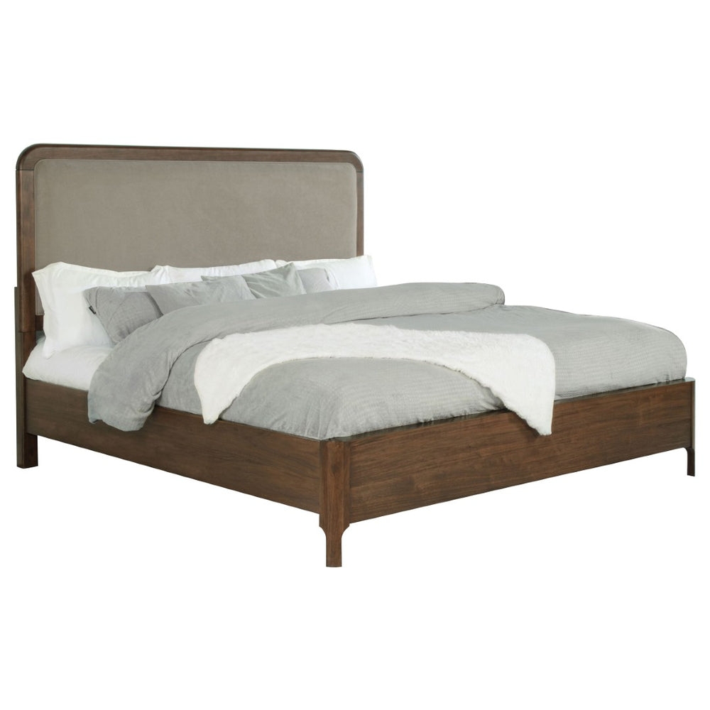English Elm Walnut Veneer Eastern King Bed Taupe Upholstered Headboard Low Profile Frame B062S02360