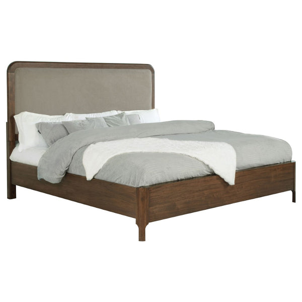 English Elm Walnut Veneer Eastern King Bed Taupe Upholstered Headboard Low Profile Frame B062S02360