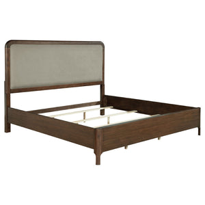 English Elm Walnut Veneer Eastern King Bed Taupe Upholstered Headboard Low Profile Frame B062S02360