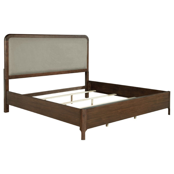 English Elm Walnut Veneer Eastern King Bed Taupe Upholstered Headboard Low Profile Frame B062S02360