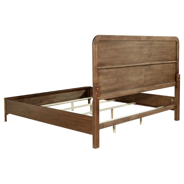 English Elm Walnut Veneer Eastern King Bed Taupe Upholstered Headboard Low Profile Frame B062S02360