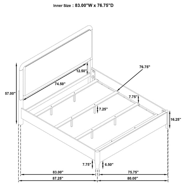English Elm Walnut Veneer Eastern King Bed Taupe Upholstered Headboard Low Profile Frame B062S02360
