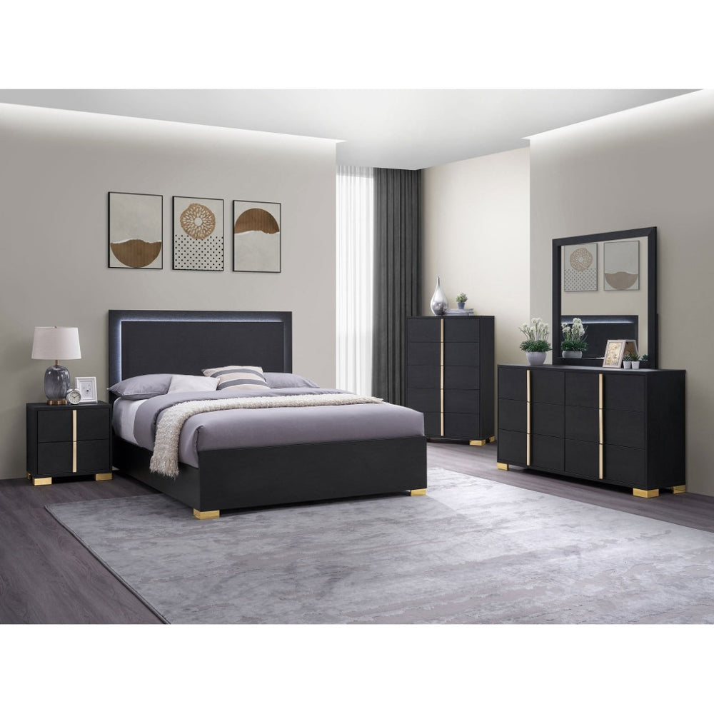 English Elm Black Queen Bedroom Set with LED Headboard Gold Hardware Glam Lacquer Suite B062S02361