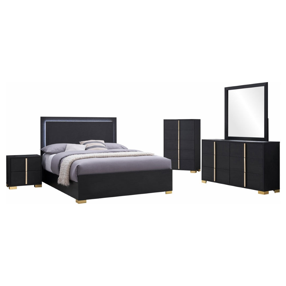 English Elm Black Queen Bedroom Set with LED Headboard Gold Hardware Glam Lacquer Suite B062S02361