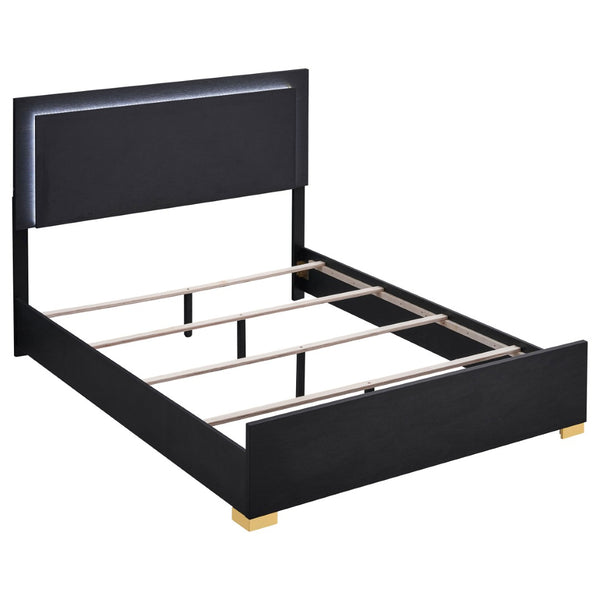 English Elm Black Queen Bedroom Set with LED Headboard Gold Hardware Glam Lacquer Suite B062S02361