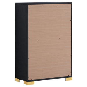 English Elm Black Queen Bedroom Set with LED Headboard Gold Hardware Glam Lacquer Suite B062S02361